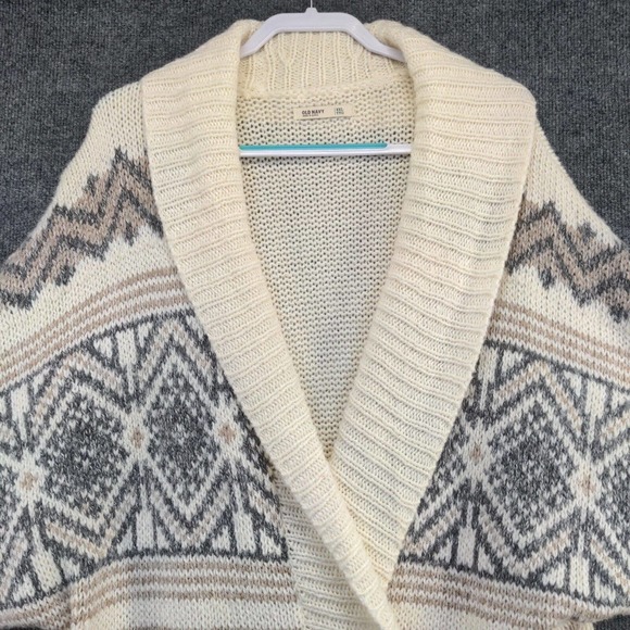Old Navy Women's Open Front Cardigan Knit Sweater Cream XXL Fair Isle Wool Blend - Picture 3 of 13